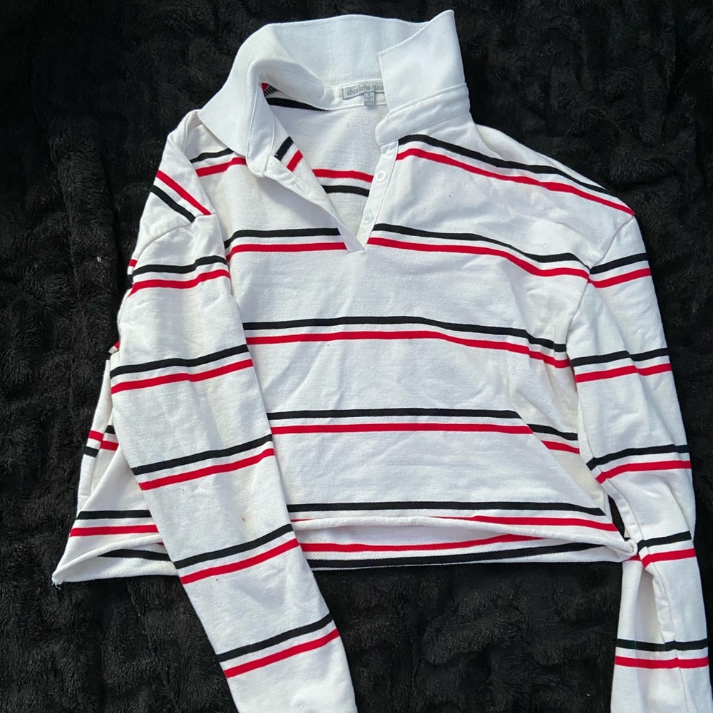 White cropped polo with blacks and red strips
